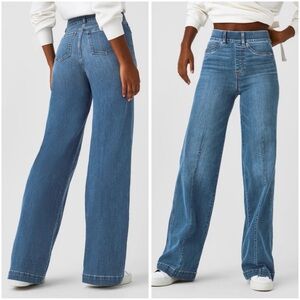SPANX Seamed Front Wide Leg Jeans Vintage Indigo Pull On LP Large Petite…